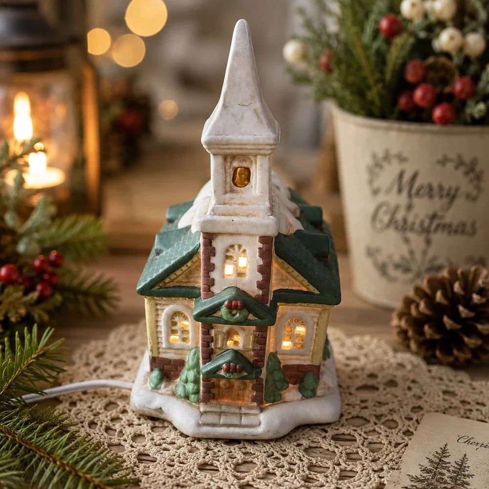 Vintage 1993 DHC Porcelain Church Nightlight Christmas Village Dayton Hudson